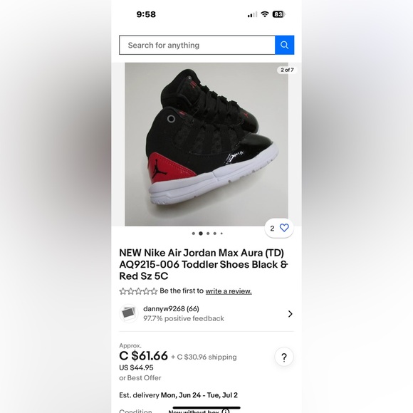 Nike Air Jordan Max Aura (TD) AQ9215-006 Toddler/kids Shoes Black & Red Sz 7C - Picture 9 of 10